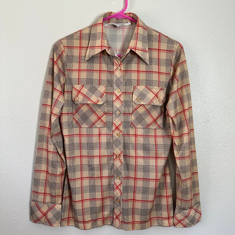 vintage 70s plaid button-down shirt size M long sleeve beige tan groovy slim